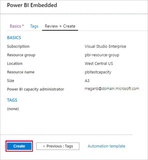 Screenshot of the Basics details review page with create highlighted.