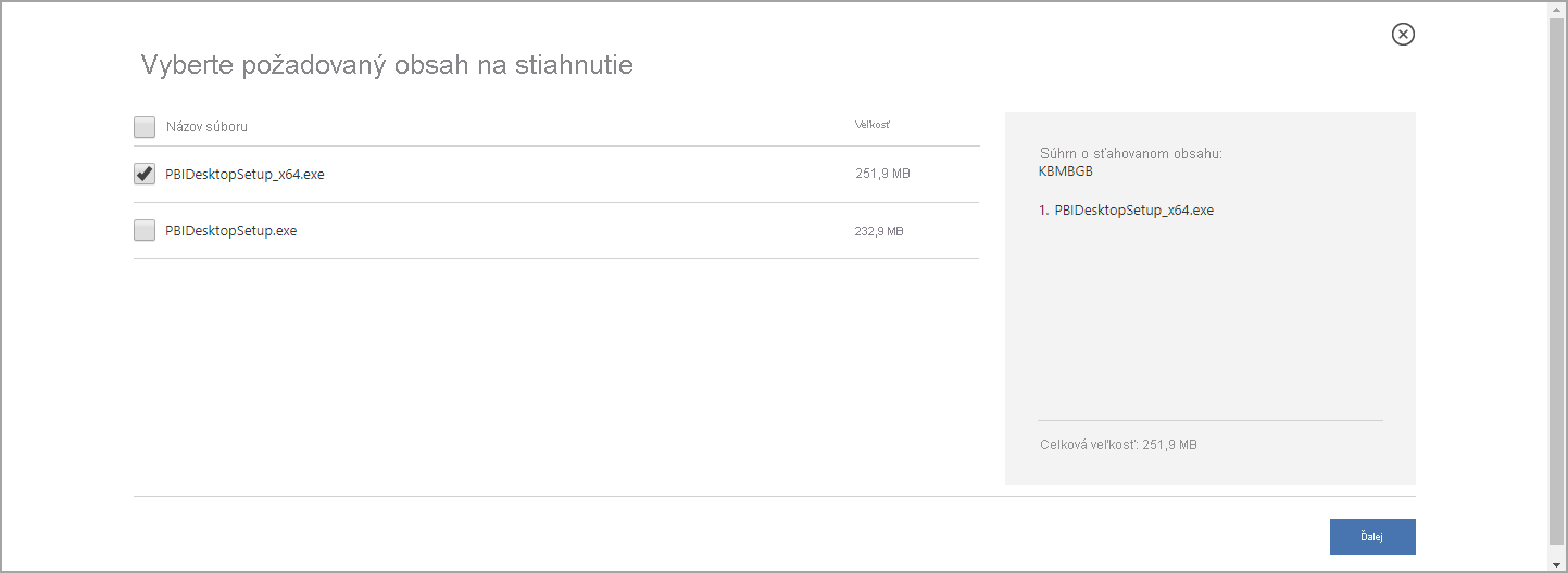 Screenshot of Download Center showing the 64-bit Power BI Desktop download selected.