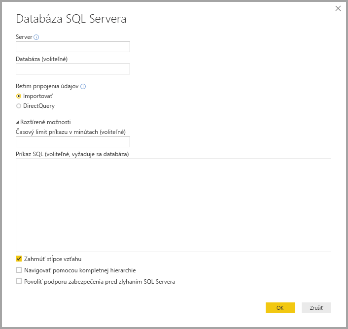 Screenshot of Power BI Desktop showing SQL Server database dialog box.