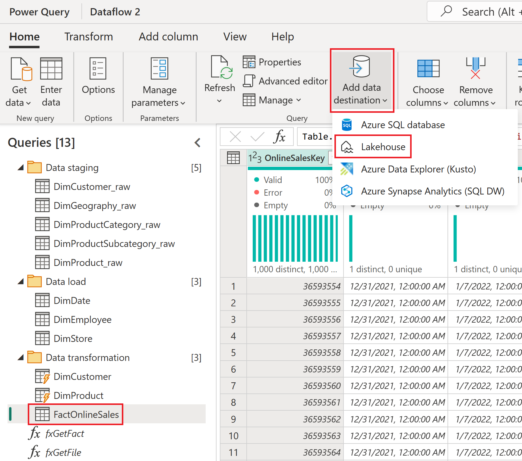 Screenshot of the Data destination Lakehouse target option.