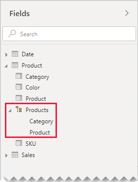 The Fields pane shows both tables expanded, and the columns are listed as fields with Products called out.