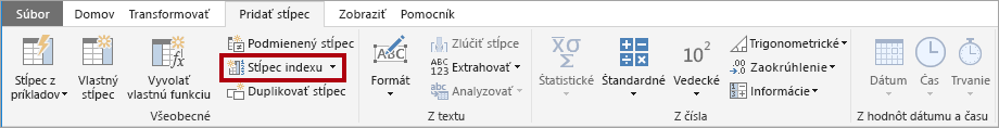 Obrázok znázorňuje príkaz Vytvoriť stĺpec indexu v službe Editor Power Query.