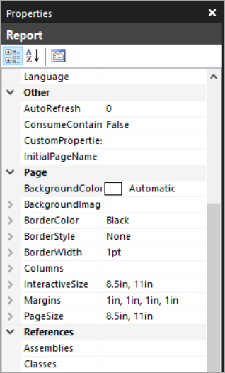 Screenshot of the Report Properties pane.