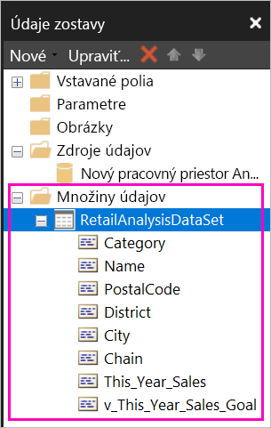 Screenshot of the fields listed under the dataset in the Report Data pane.