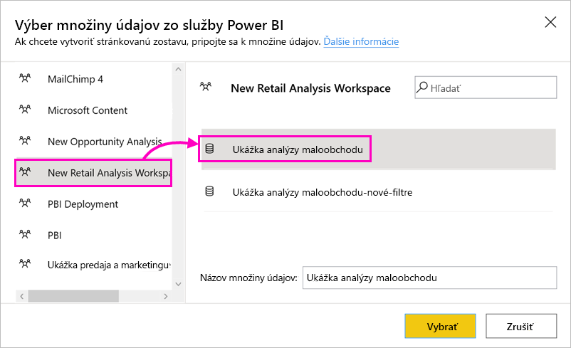 Screenshot that shows datasets to select from.