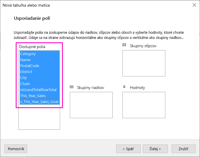 Screenshot of the available fields available in the Table Wizard.