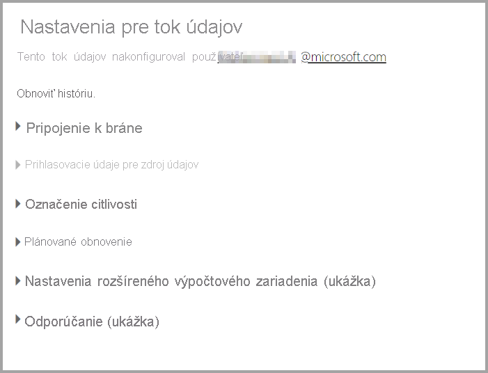 Snímka obrazovky Nastavenia stránky pre tok údajov po výbere Nastavenia v rozbaľovacom zozname toku údajov.