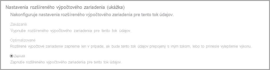 Snímka obrazovky znázorňujúca nastavenia rozšíreného výpočtového zariadenia s vybratou možnosťou zapnuté.