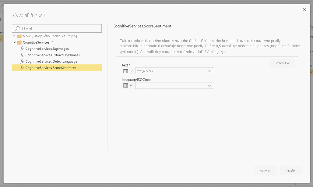 Snímka obrazovky dialógového okna funkcie Vyvolať zobrazujúca vybratú možnosť CognitiveServices.ScoreSentiment.