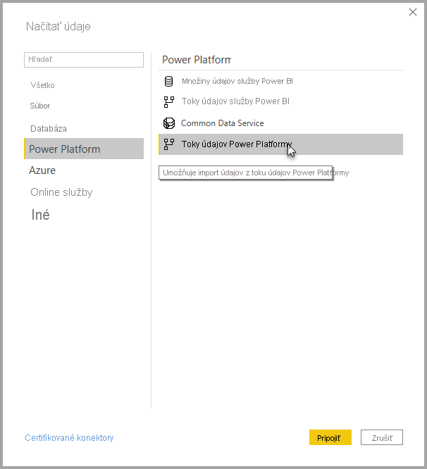 Screenshot of Dataflows selected in the Power Platform tab of the Get Data screen.