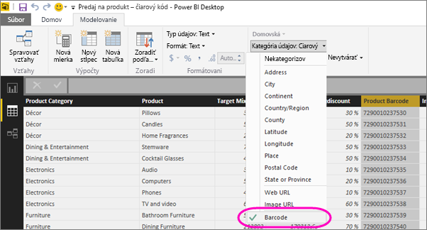 Screenshot of Power BI Desktop showing the Column tools tab in Data view. The Data category dropdown is selected, and Barcode is highlighted.