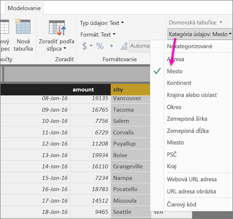 Screenshot of the data icon in Power BI Desktop with the City column highlighted.