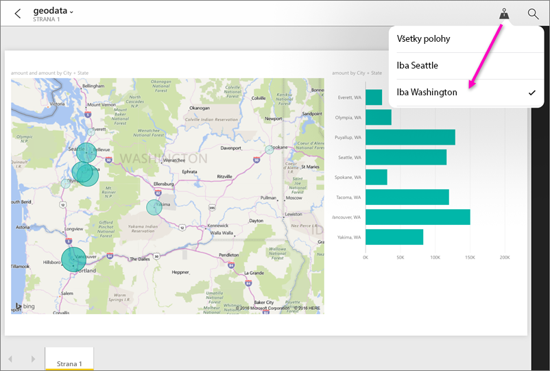 Screenshot of a report in the Power BI app highlighting the geographic filter.