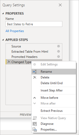 Screenshot of Power BI Desktop showing Query Settings Properties and Applied Steps filters.