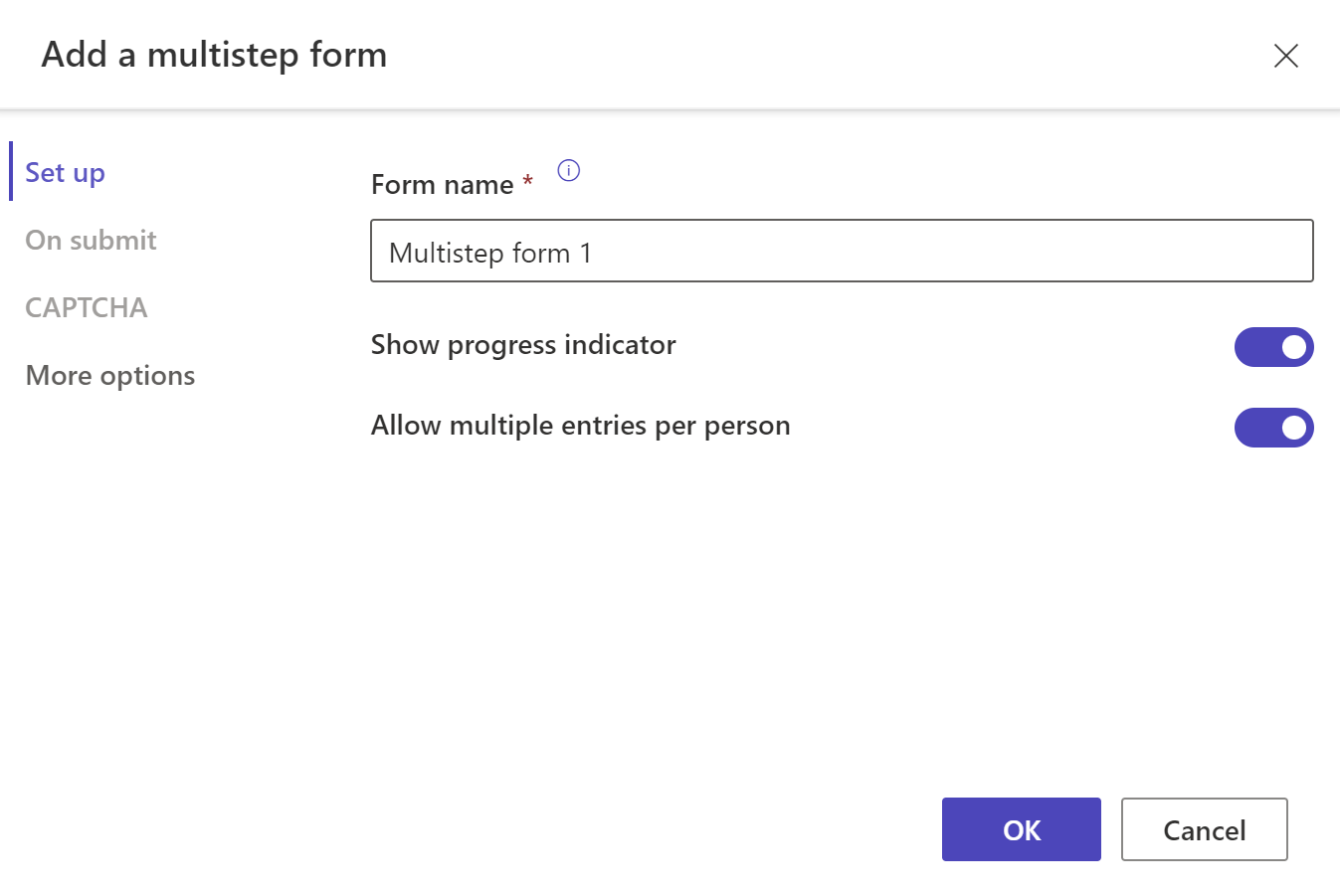 Snímka obrazovky s ponukou nastavenia pre formulár s viacerými krokmi.