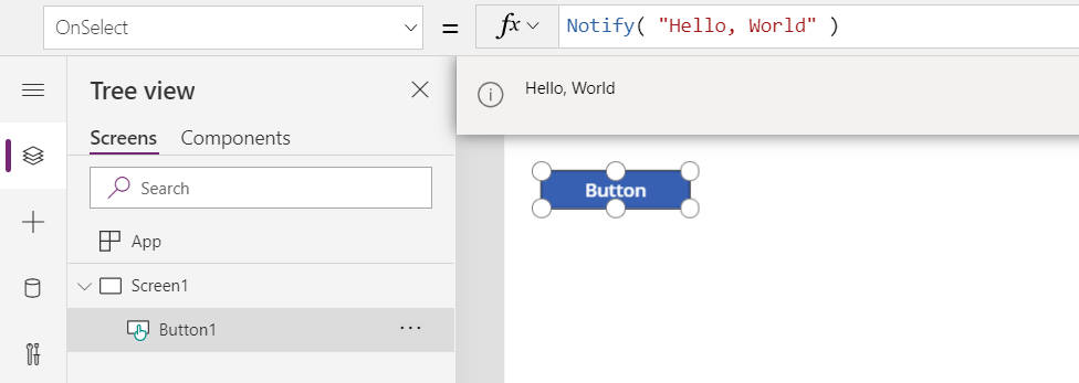 V prostredí na vytváranie obsahu je zobrazená možnosť Button.OnSelect, ktorá volá Notify a zobrazuje používateľovi výslednú správu Hello, World ako modrý pruh.