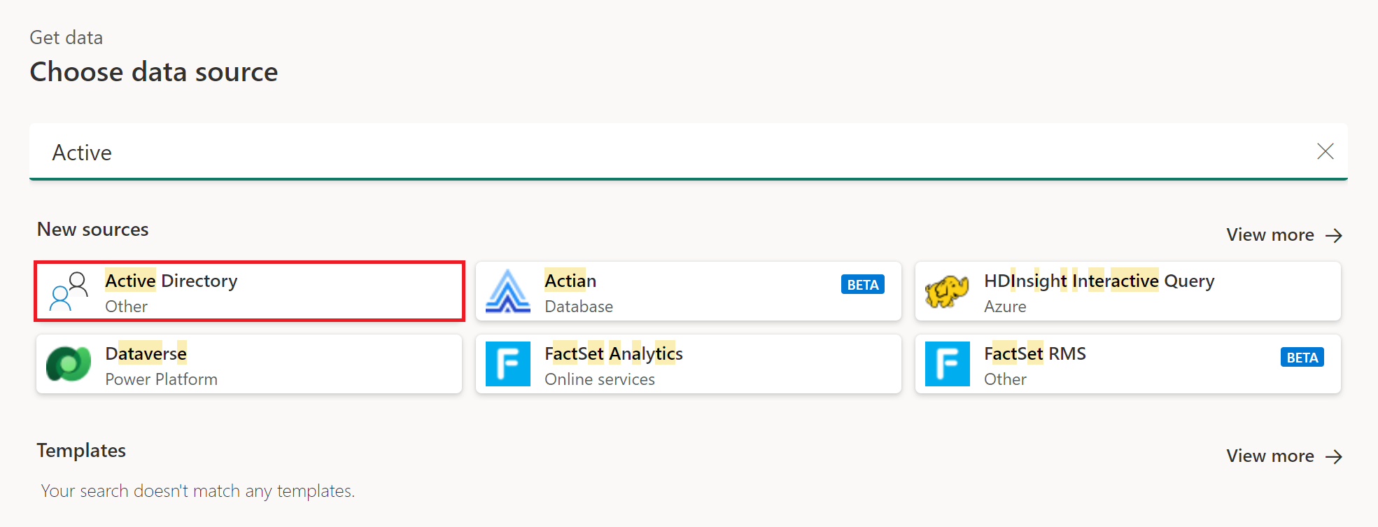 Snímka obrazovky okna Vybrať zdroj dát s vybraným Active Directory.
