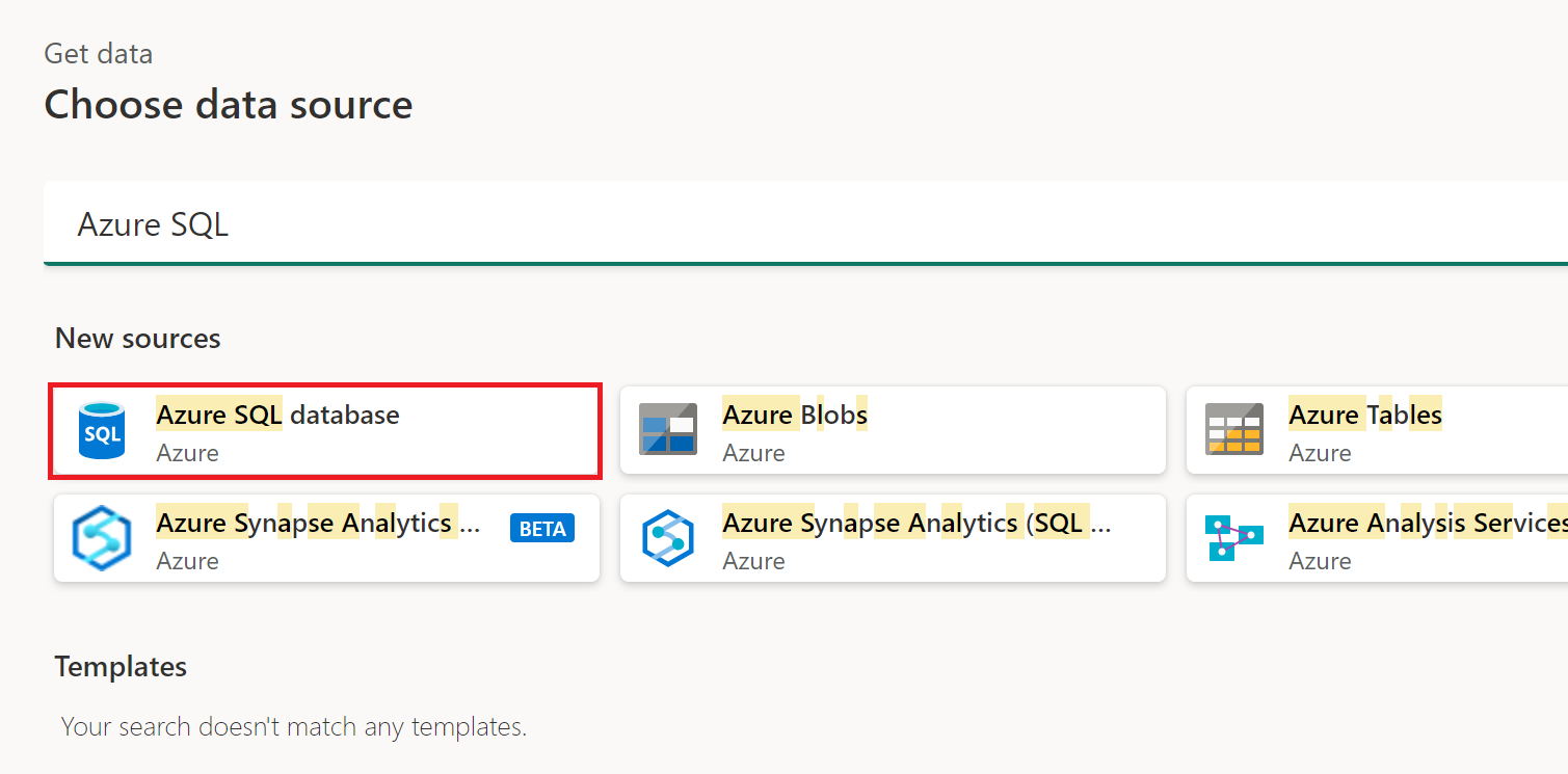 Snímka obrazovky okna Získať údaje s zvýraznenou databázou Azure SQL.