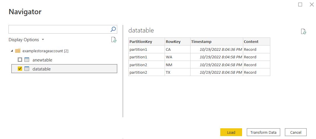 Snímka obrazovky navigátora Služby Azure Table Storage zobrazujúca jednu z dvoch vybratých tabuliek.