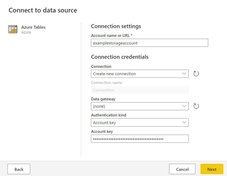 Snímka obrazovky okna Azure Table Storage v online doplnku Power Query.