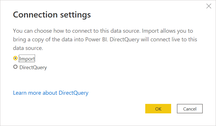 Snímka obrazovky nastavení pripojenia Power BI plochy s vybraným Import a DirectQuery nevybraným.