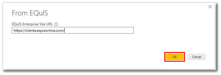Snímka obrazovky dialógového okna Z EQuiS, kde zadáte URL lokalitu EQuIS Enterprise.