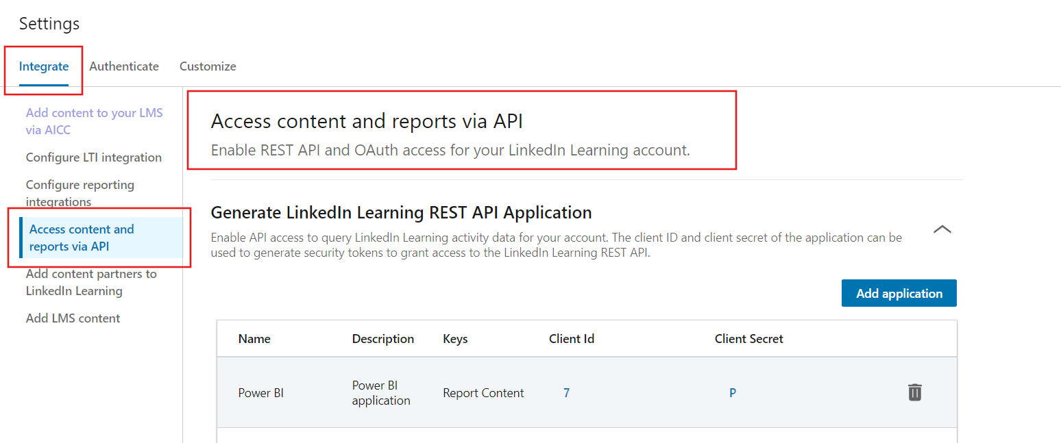 Screenshot s ID klienta a polohou tajného klienta v LinkedIn Learning integrujte nastavenia.