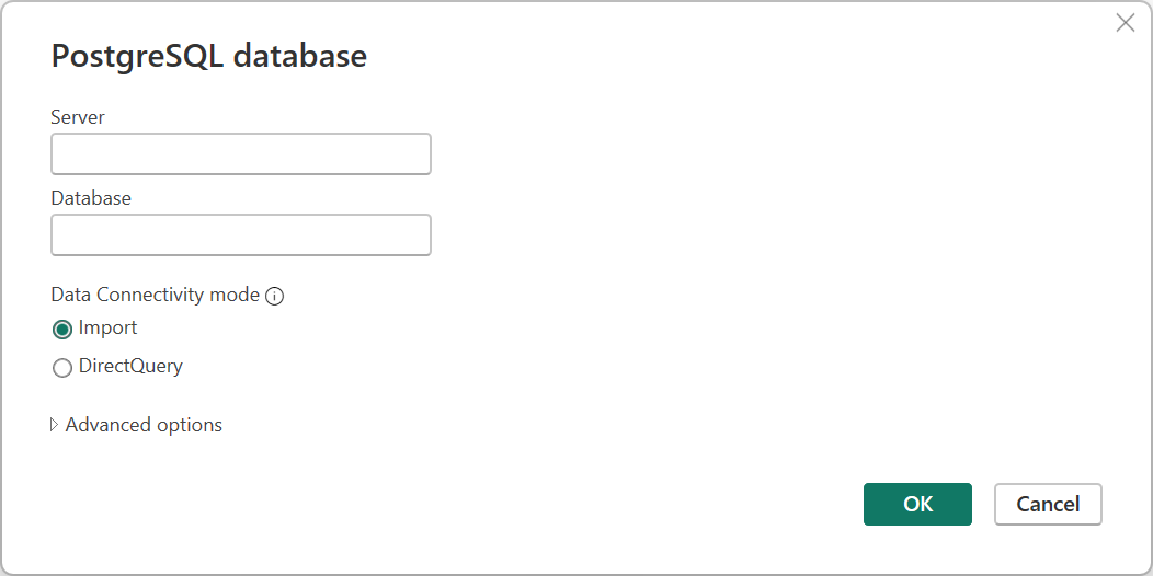 Snímka obrazovky PostgreSQL connection buildera v Power BI.