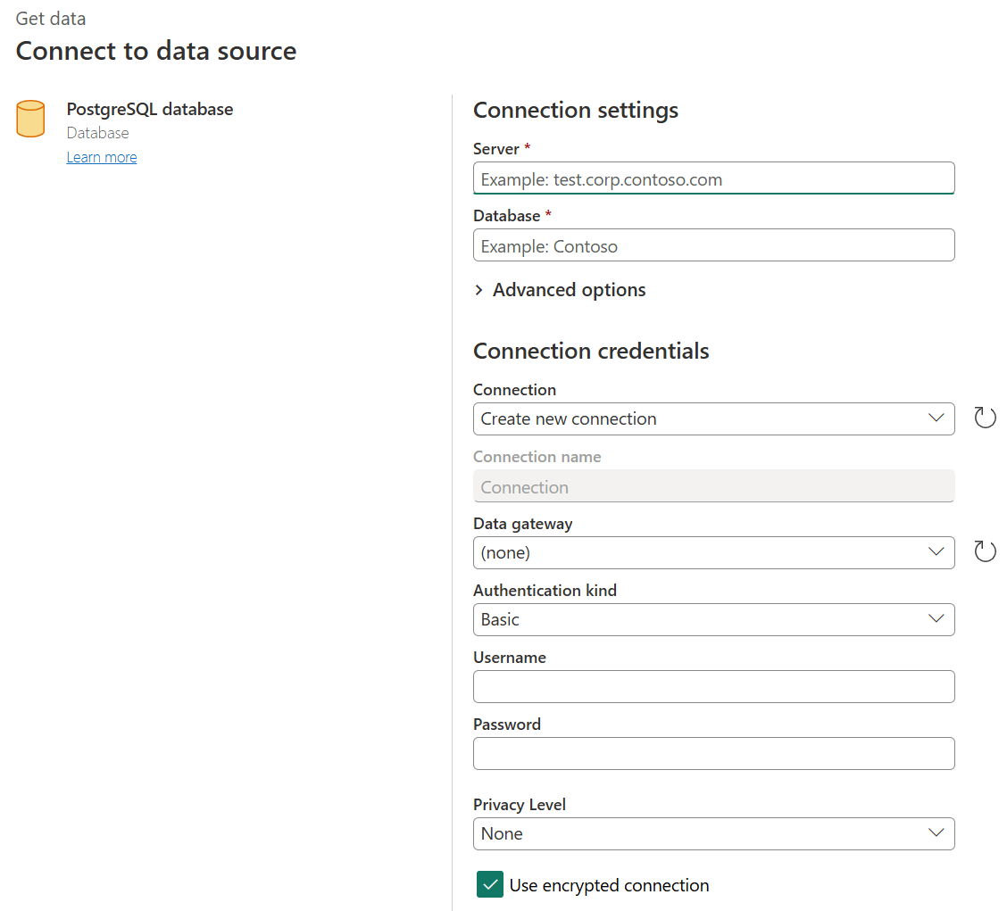 Screenshot tvorcu spojení PostgreSQL v Power Query Online.