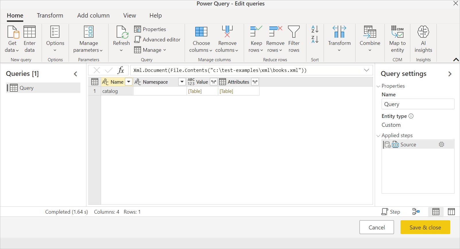 Snímka obrazovky XML súboru načítaného v Power Query Editor.