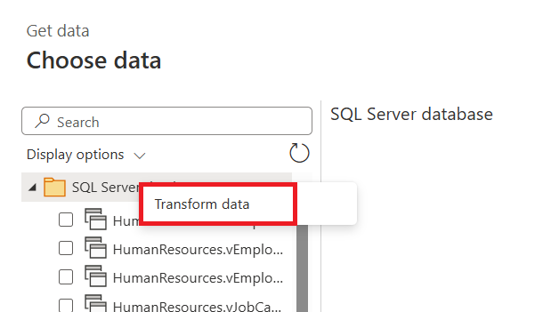 Snímka obrazovky výberu dát, kde používateľ klikol pravým tlačidlom na uzol databázy v navigátore, s dôrazom na Transform Data.