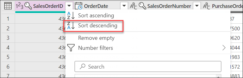 Snímka obrazovky znázorňujúca, ako zoradiť stĺpec SalesOrderID v zostupnom poradí pomocou ponuky automatického filtra.