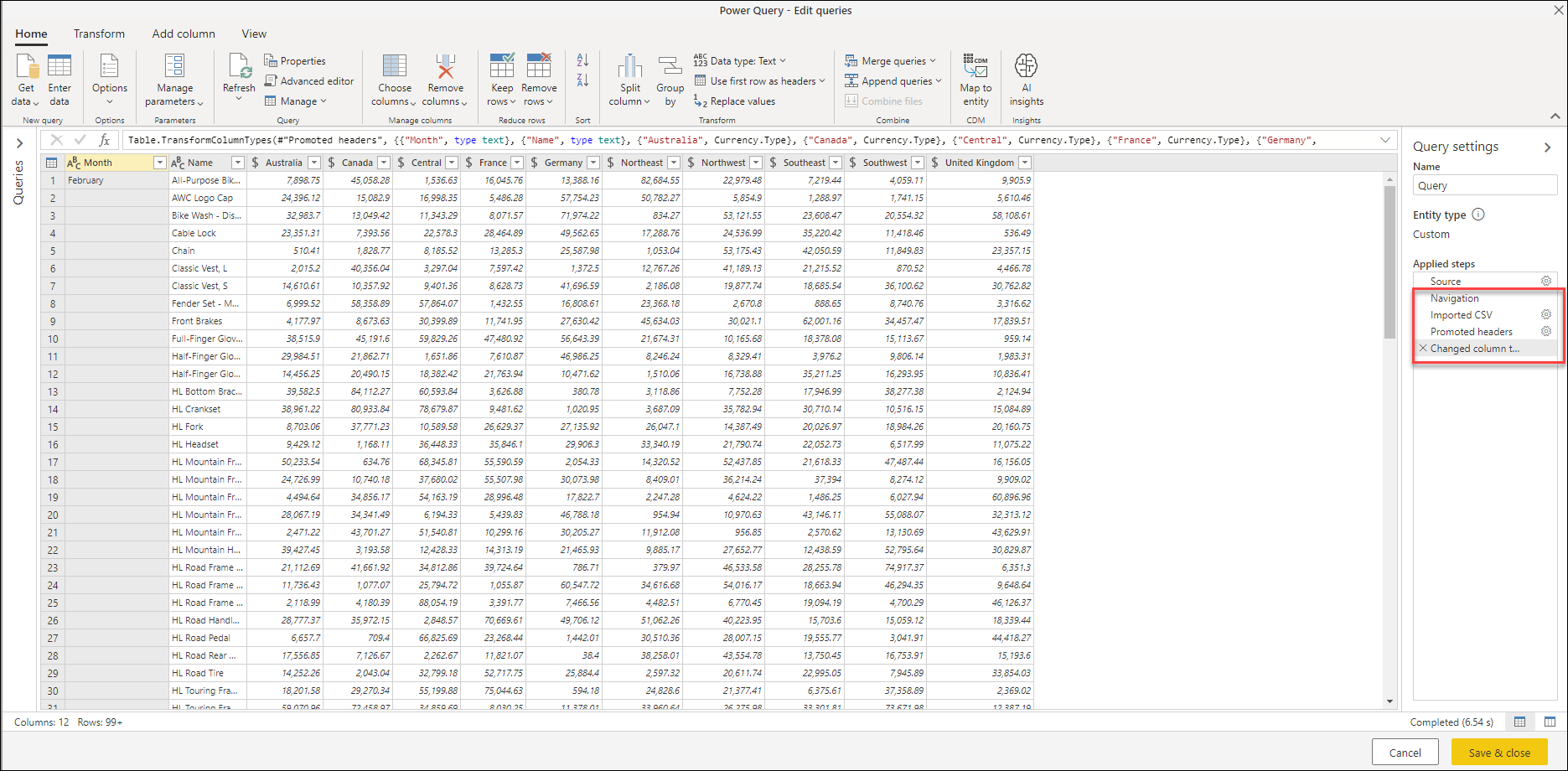 Obsah súboru CSV s názvom 02-February.csv, ktorý bol automaticky interpretovaný doplnok Power Query, ako je to znázornené v časti Použité kroky.