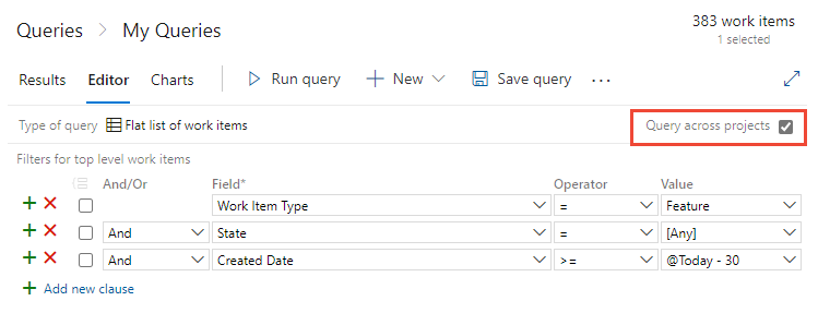 Web portal, Queries page, Query Editor, Checkbox, Query across projects