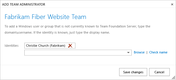 Screenshot of Add team administrator dialog for TFS 2013 through 2015.