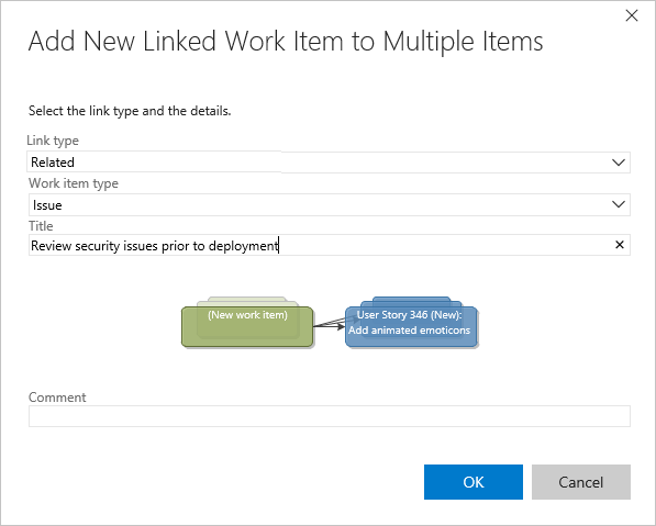 Add link dialog, Link to a new work item, TFS-2017 and earlier versions.