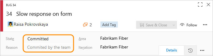 Bug work item form, header area