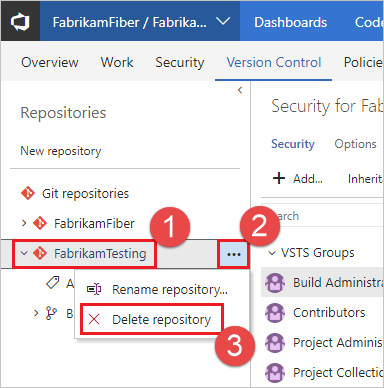 remove the Azure DevOps Services repo using the ellipses link next to the repo name