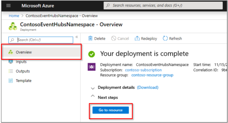 Event Hubs namespace after deployment