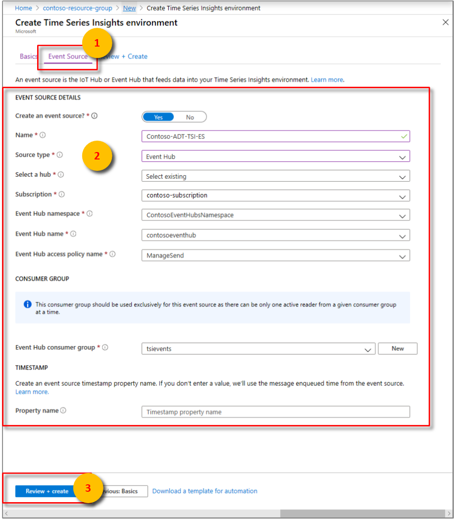 Selections for creating an event source