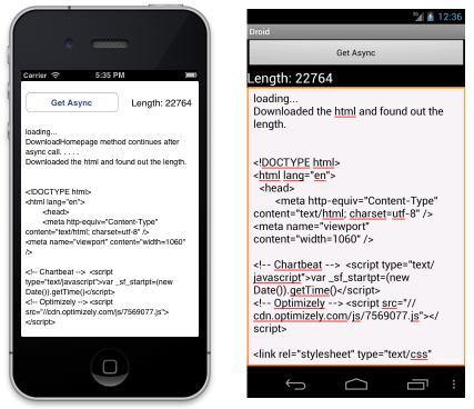 The sample application makes a simple asynchronous web request without blocking the main thread then updates the UI with the downloaded html and character count