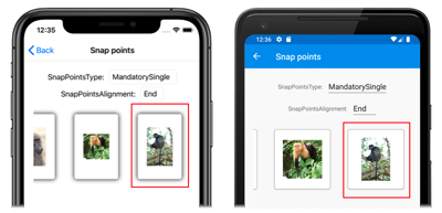 CarouselView with end snap points Screenshot of a CarouselView with end snap points, on iOS and Android