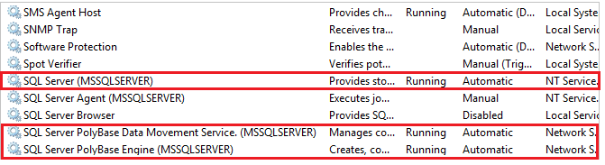 stop and start PolyBase services in services.msc