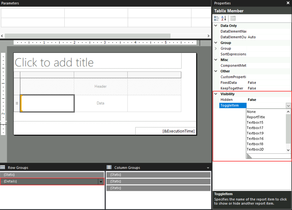 Screenshot of Report Builder highlighting the Details group and its Visibility property in the Properties pane.