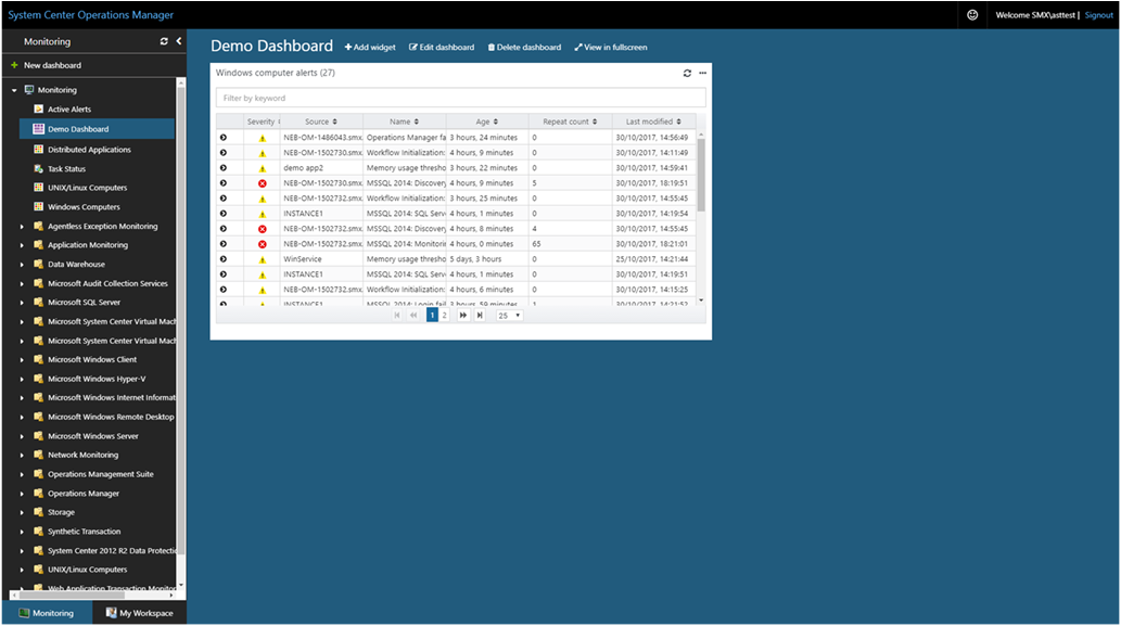 Screenshot showing Completed example of Alert widget in dashboard.