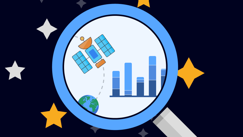 Illustration of a magnifying glass showing rocket blasting off from earth and bar graph themed as a skyline.