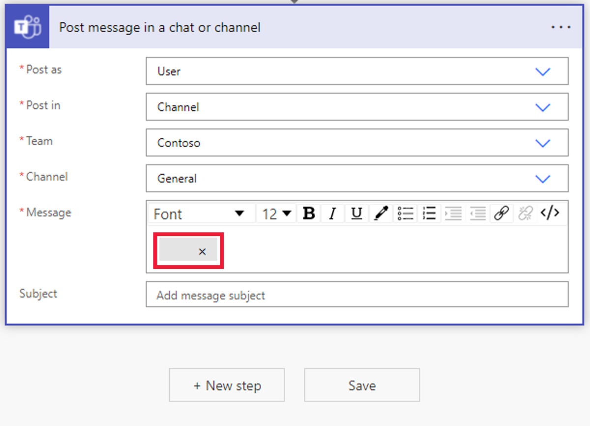 Screenshot of the corrupted Dynamic Content for Message.