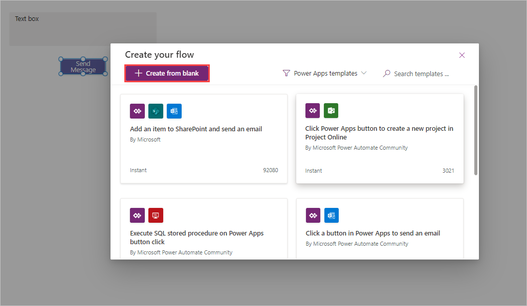 Screenshot of the Create your flow popup with + Create from blank highlighted.