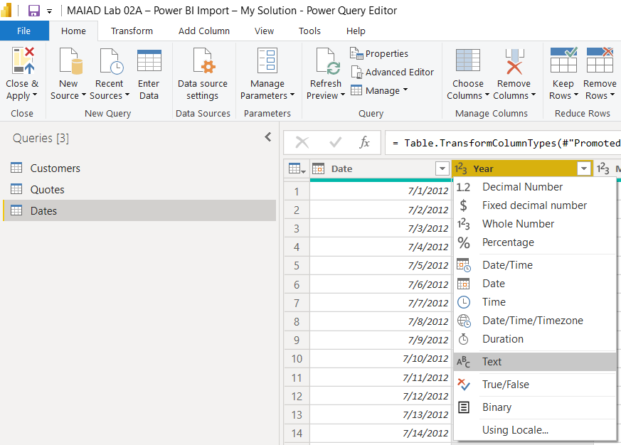 Snímka obrazovky Editor Power Query s tabuľkami dátumov a zobrazenými typmi údajov stĺpca Year (Rok).