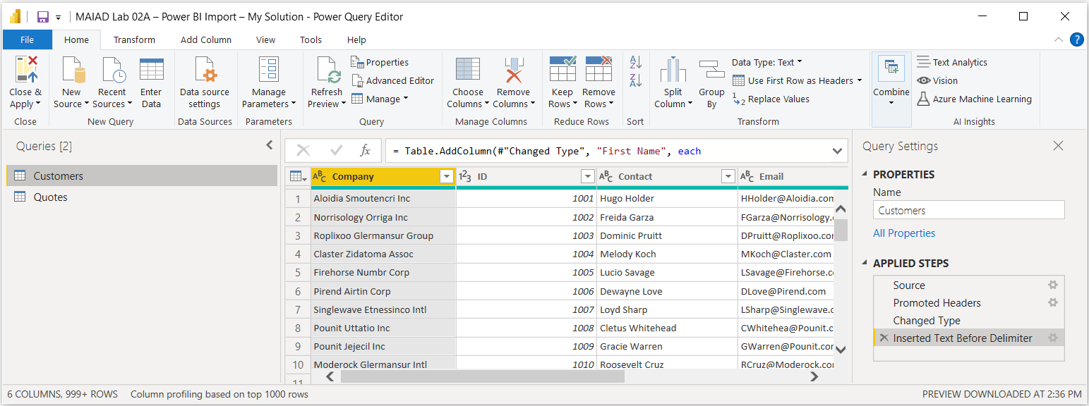 Snímka obrazovky Editor Power Query s dotazmi Customers a Quotes po importovaní.